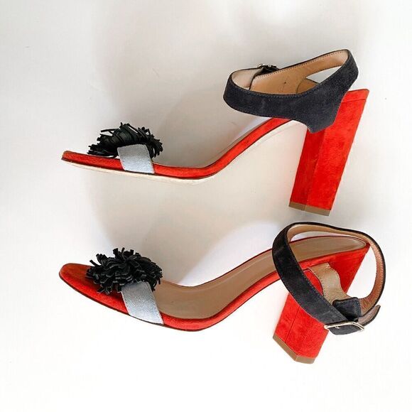 J. Crew Colorblock Sandals With Pom-poms Womens 8 Made In Italy Block Heel Suede - Picture 3 of 12